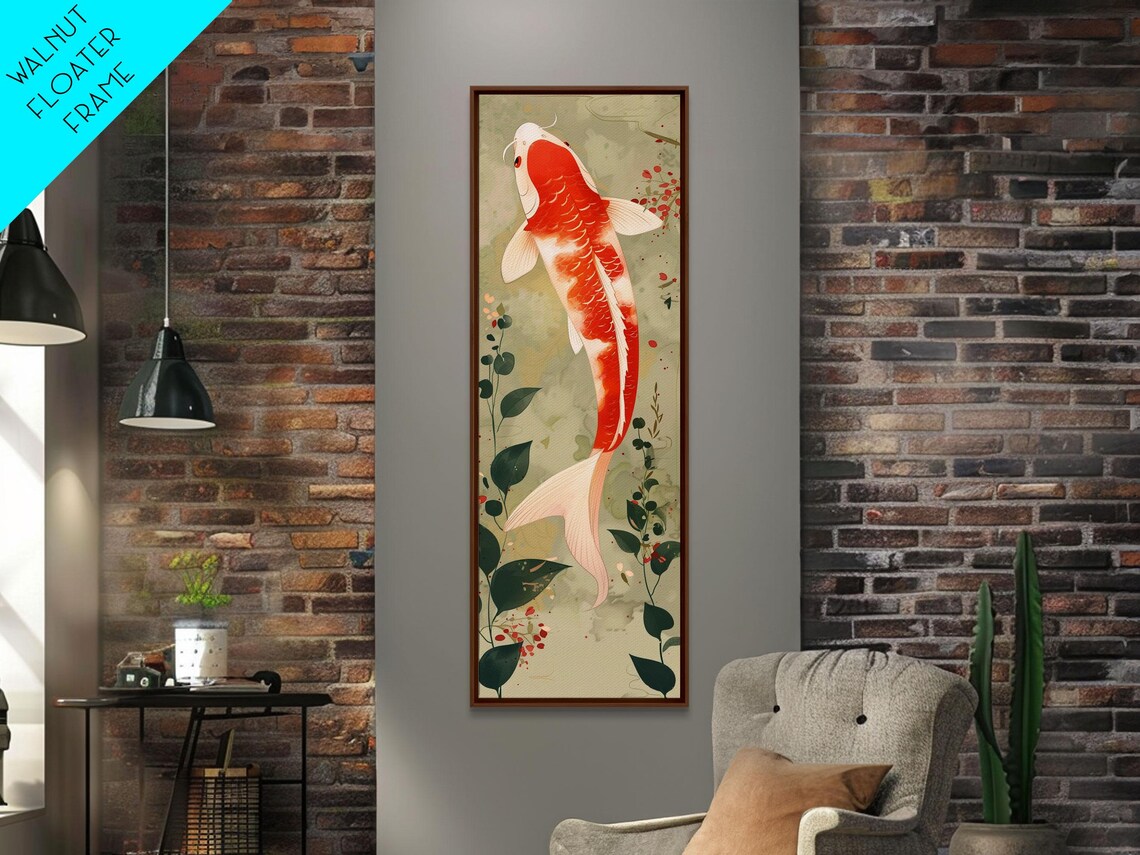 Red White Koi Fish Swimming Among Green Plants Japanese Wall Art