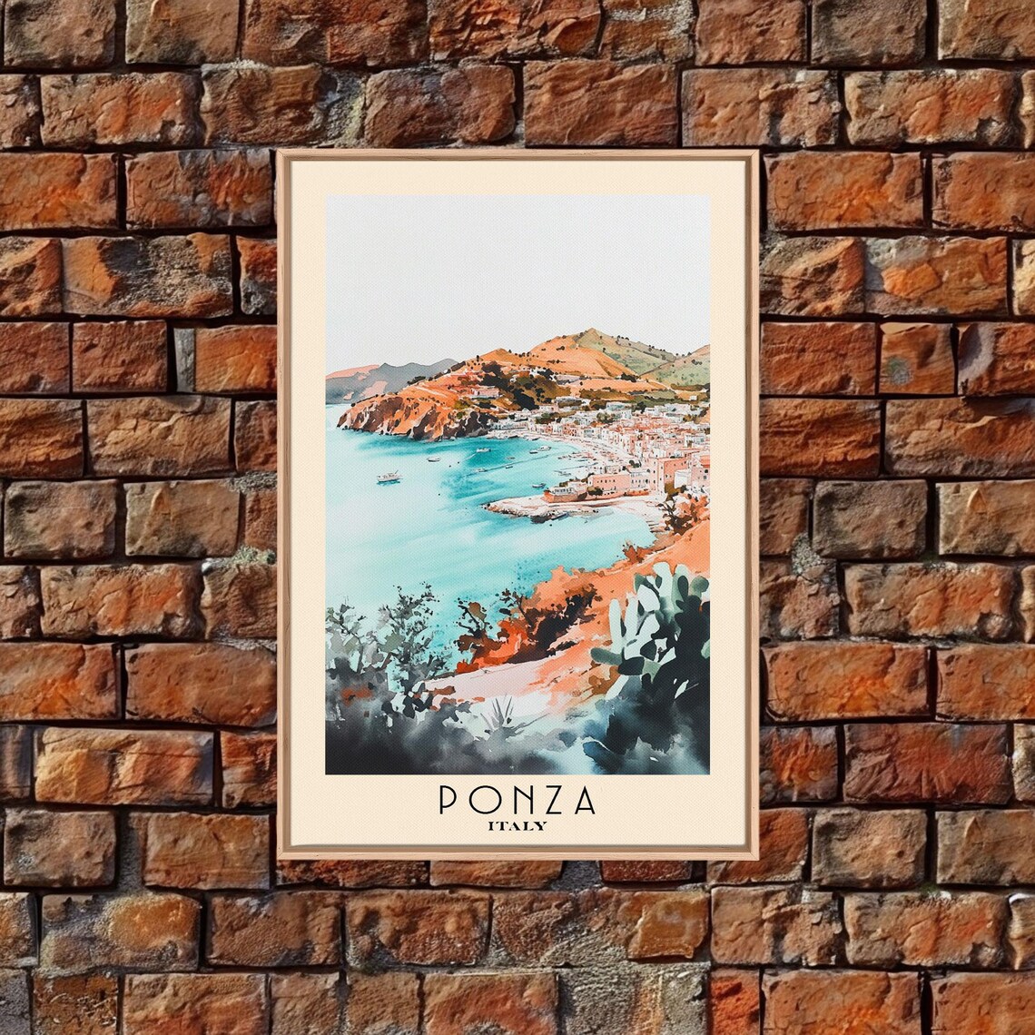Ponza Italy Turquoise Harbor Pastel Town Cacti Watercolor Travel Poster - Image 4
