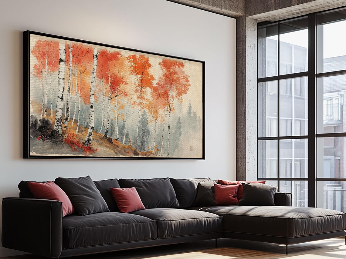 Autumn Birch Forest Orange Foliage Watercolor Landscape Painting Print