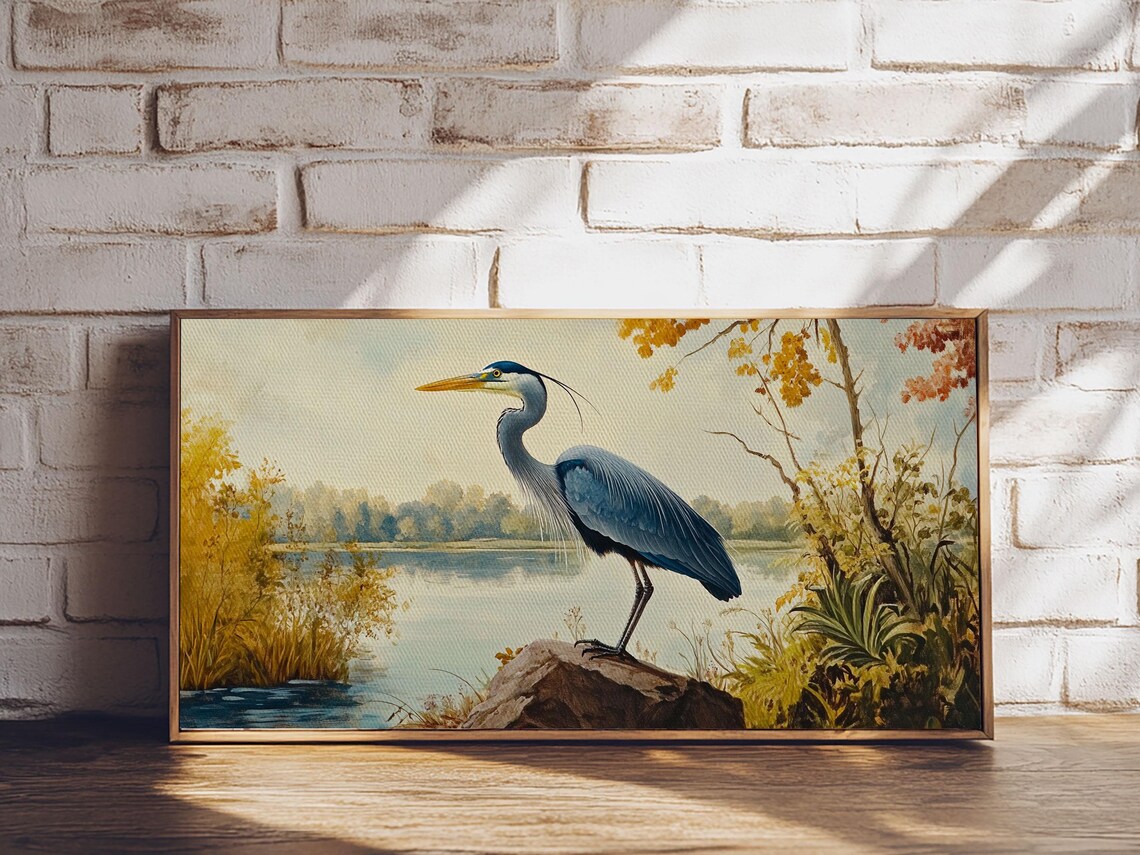 Blue Heron On Rock By Autumn Lake Bird Painting Wall Art Print - Image 6
