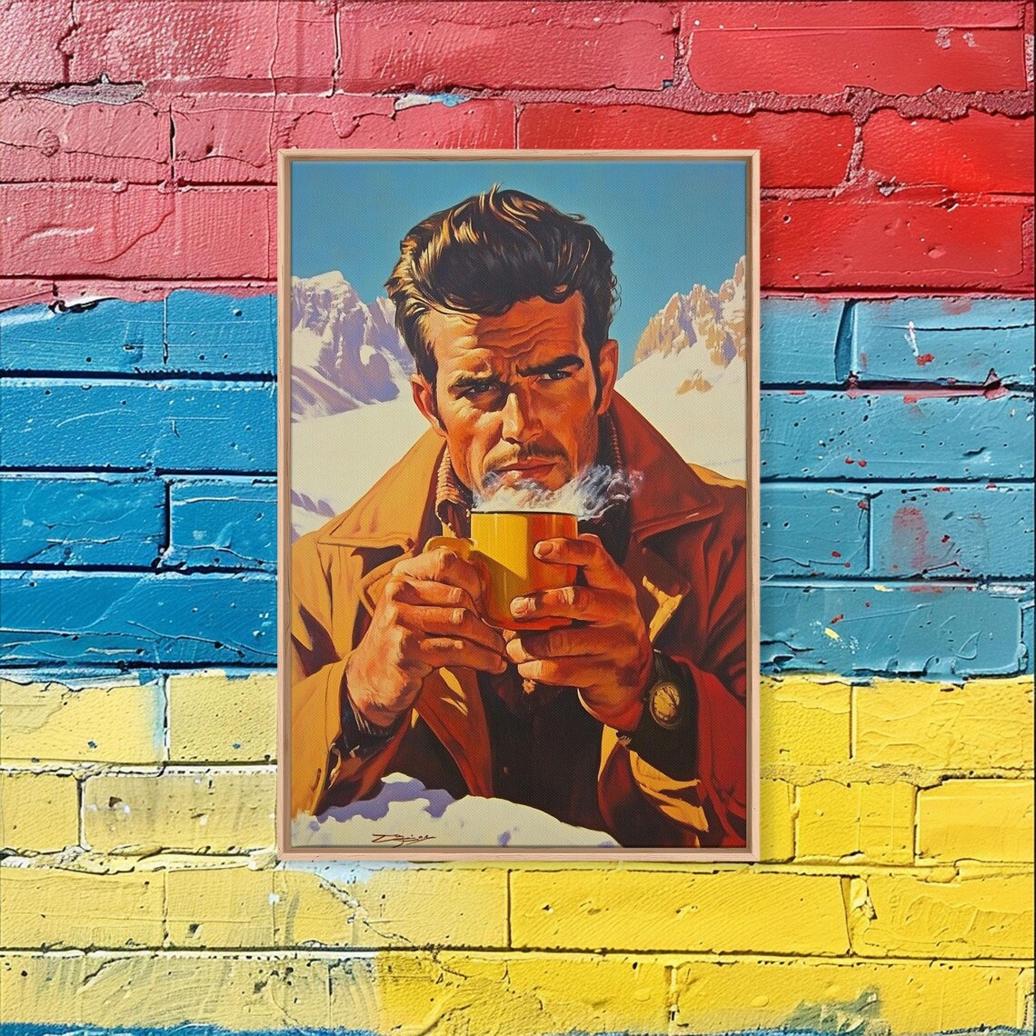 Rugged Man Drinking Hot Coffee Snowy Mountain Morning Art Poster - Image 5