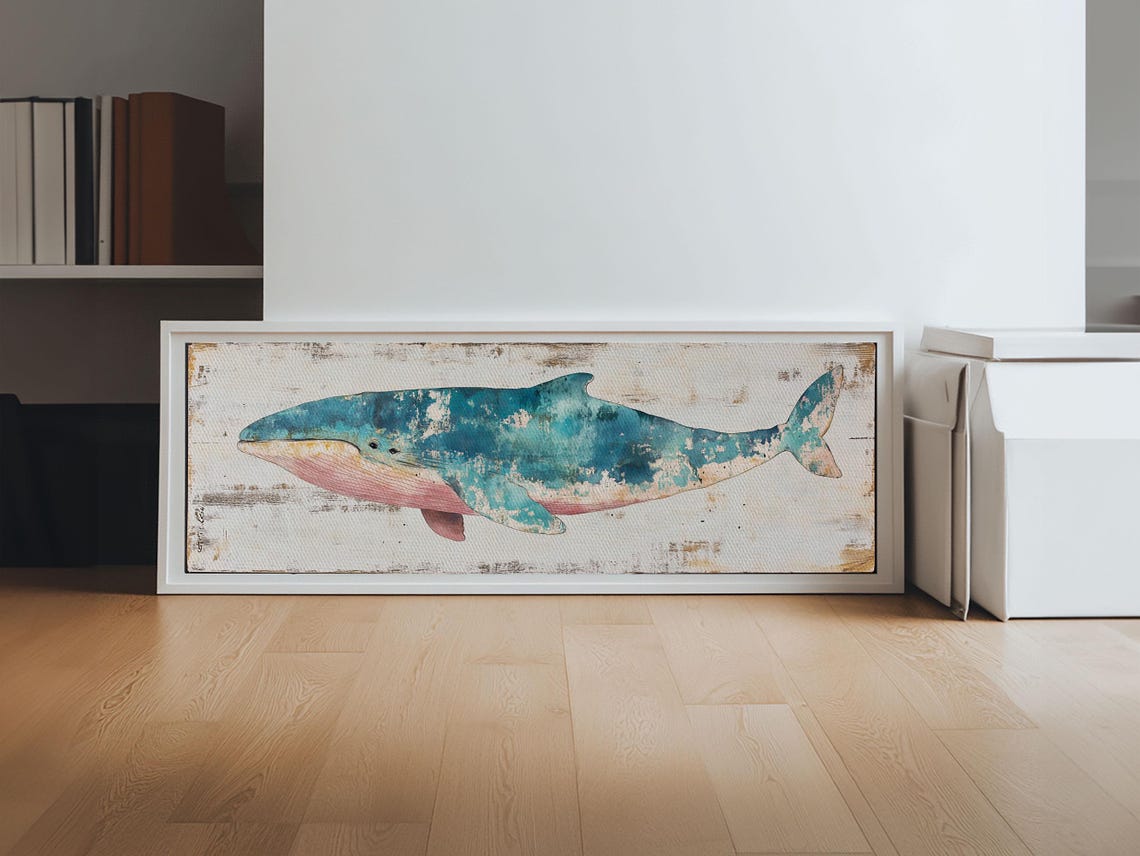 Turquoise Whale Watercolor Distressed Panoramic Coastal Wall Poster - Image 2