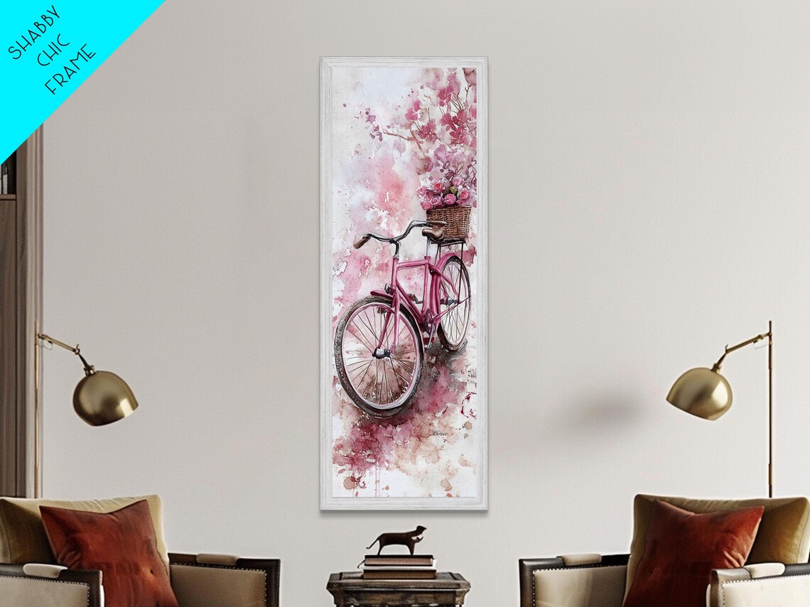 Pink Vintage Bicycle With Flower Basket Cherry Blossom Wall Art - Image 6