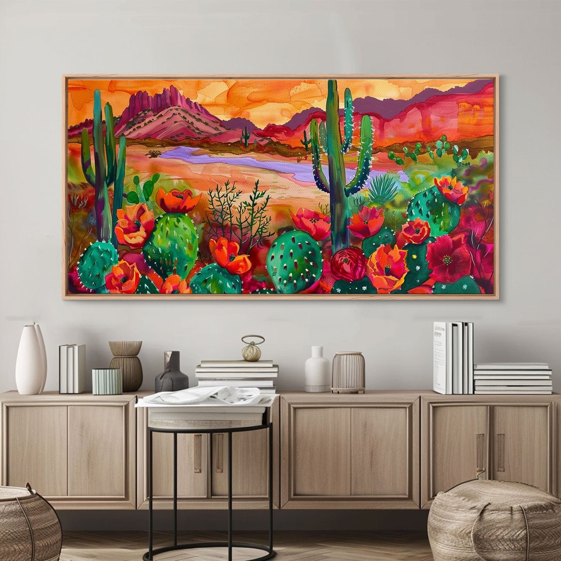 Blooming Prickly Pear Cactus Desert Purple Mountain Sunset Art Poster - Image 3