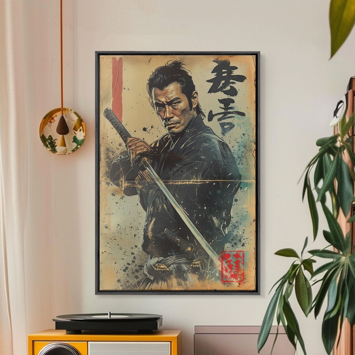 Samurai Holding Sword Paint Splatter Poster Japanese Vintage Style