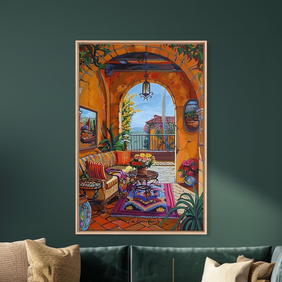 Spanish Terrace Arched Patio Colorful Rug Flower Painting Art Print - Image 4