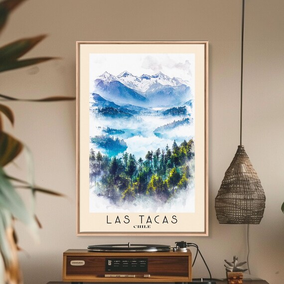 Las Tacas Chile Misty Snow Capped Peaks Pine Forest Watercolor Poster