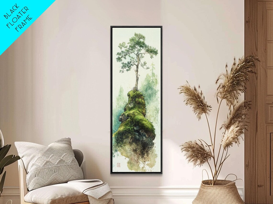 Lone Pine Tree on Mossy Rock Misty Green Watercolor Zen Wall Art - Image 3