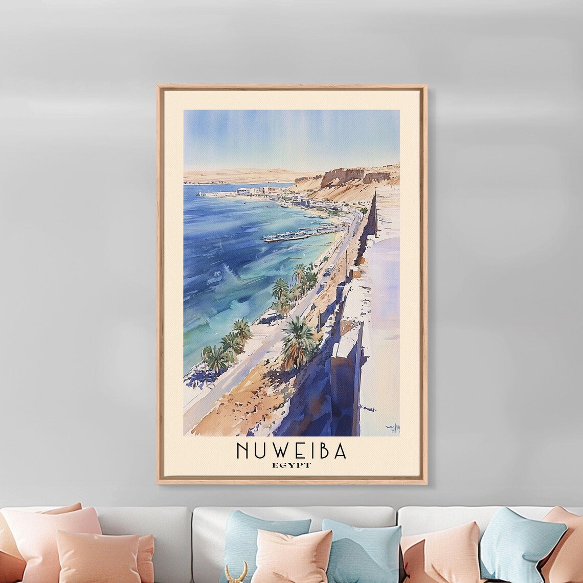 Nuweiba Egypt Red Sea Bay Palm Lined Beach Road Desert Cliffs Travel Poster - Image 3