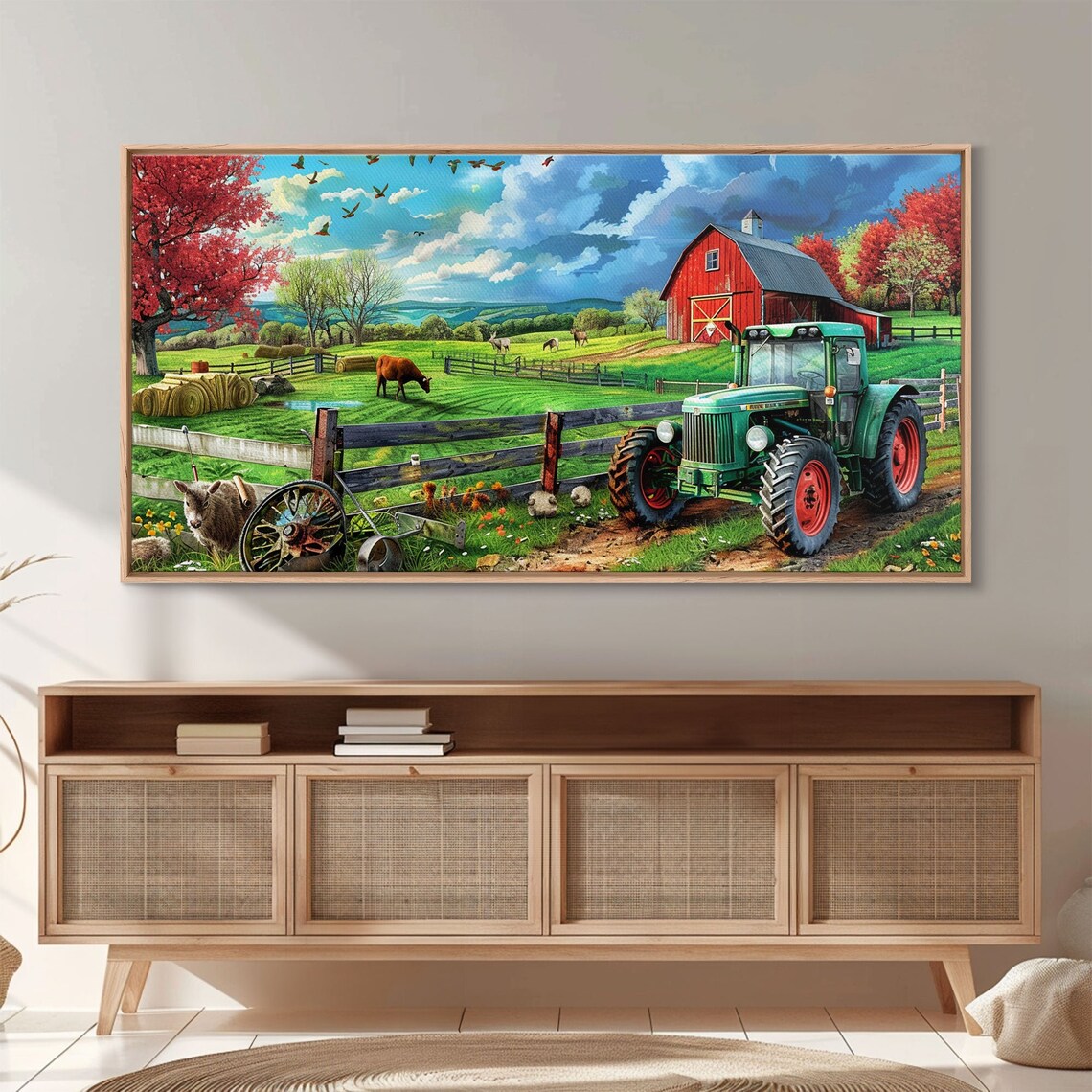 Green Tractor Red Barn Pasture Cows Country Farm Landscape Art Poster - Image 3