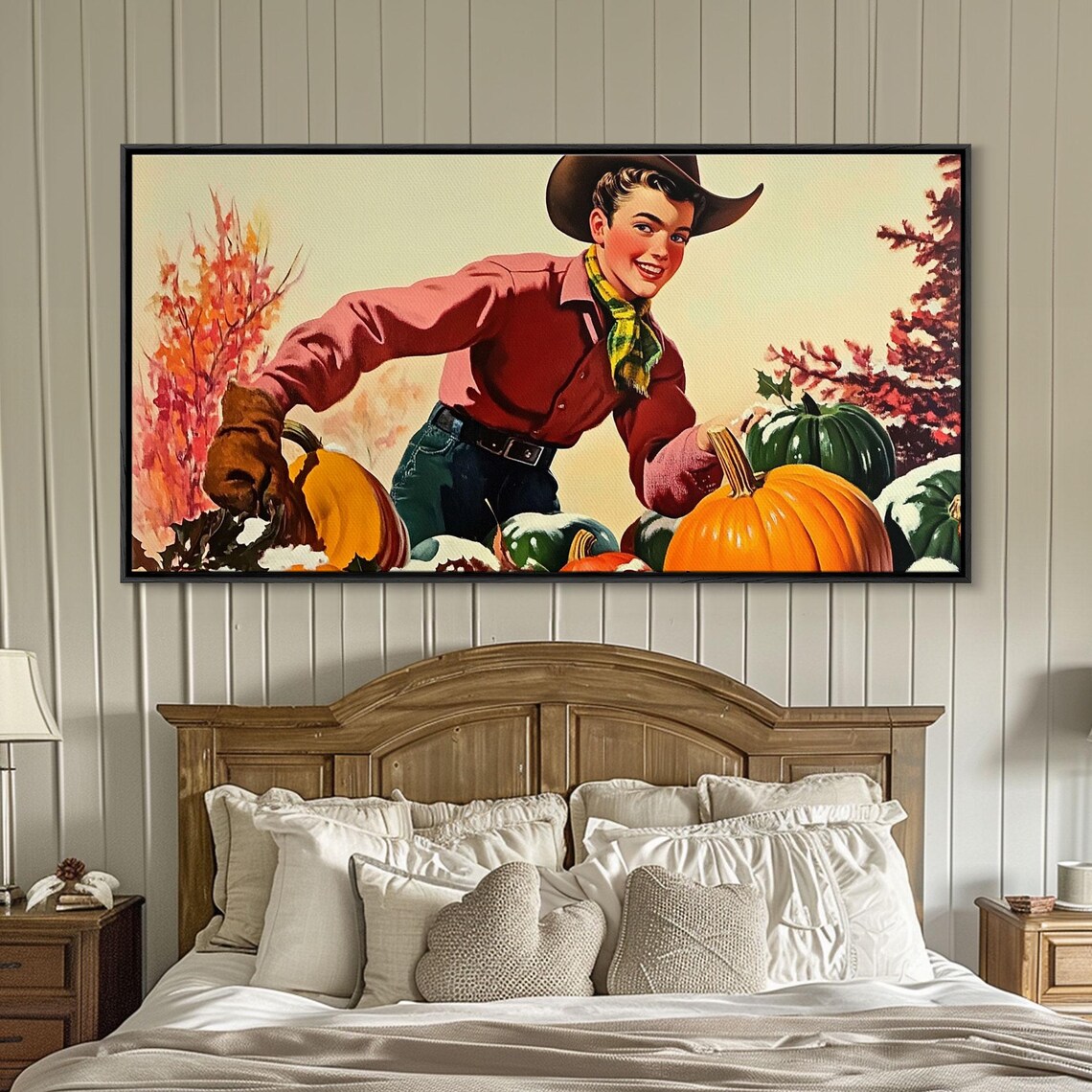 1950s Smiling Cowboy Among Giant Pumpkins With Fall Foliage Vintage Poster - Image 6