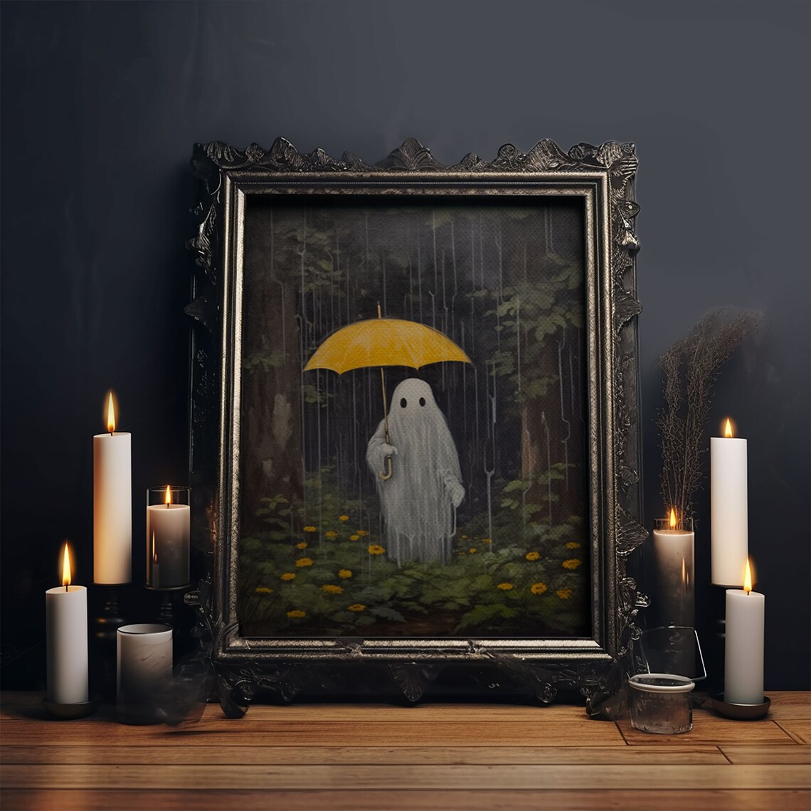Spooky Ghost in the Rain Vintage Halloween Art Print