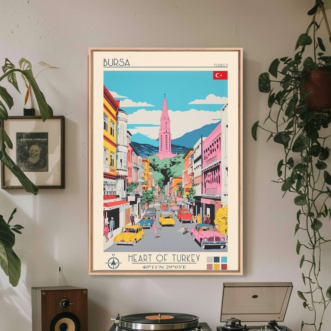 Bursa Turkey Bustling Street Colorful Classic Cars Tower View Poster
