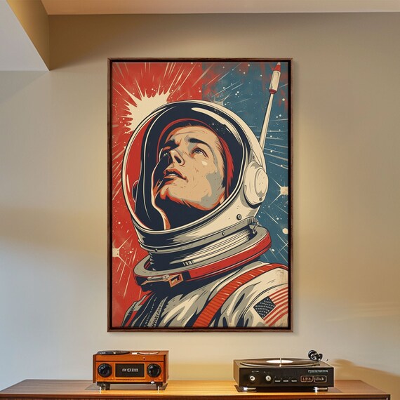 Vintage Pop Art Astronaut Looking Up Red Starburst Space Wall Art
