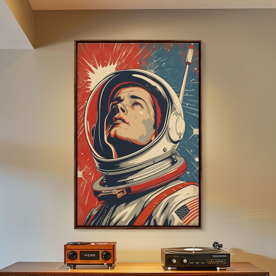 Vintage Pop Art Astronaut Looking Up Red Starburst Space Wall Art