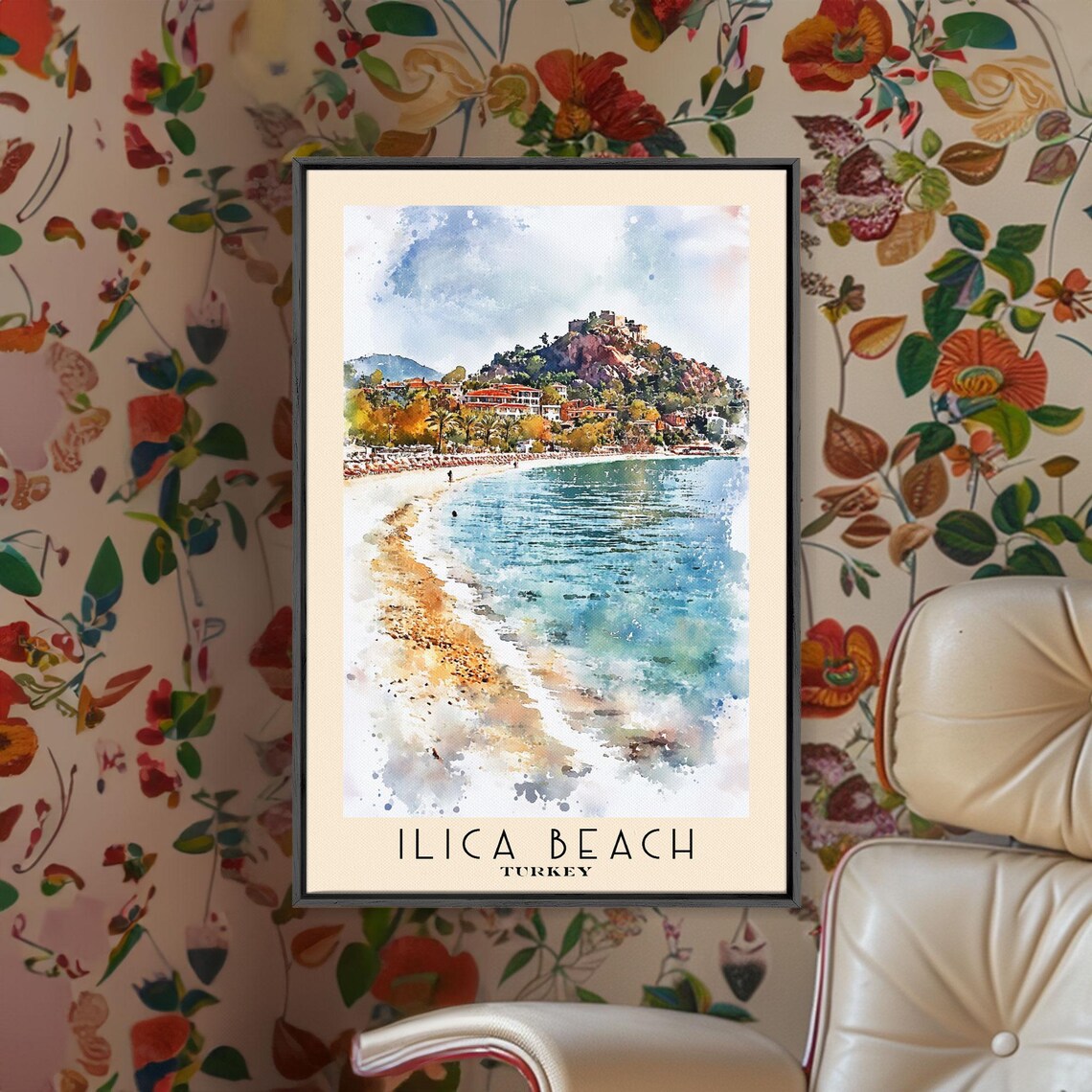 Ilica Beach Turkey Sandy Bay Castle Hill Watercolor Coastline Poster - Image 2