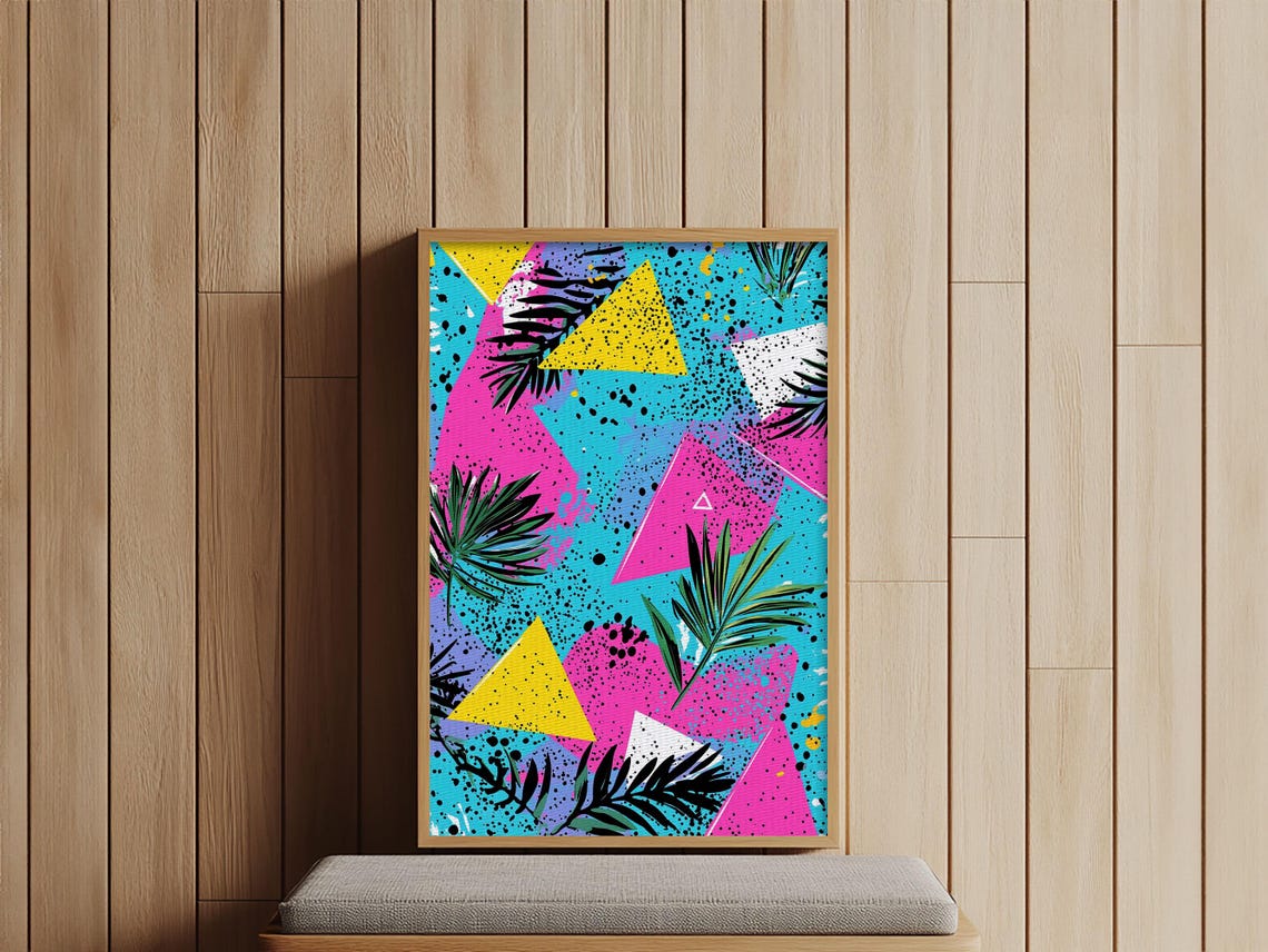 Retro 90s Neon Triangles Palm Leaves Turquoise Pink Pop Wall Art - Image 4
