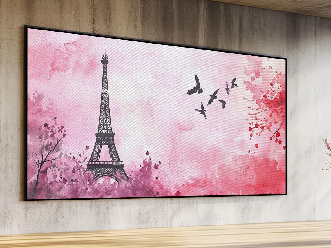 Eiffel Tower And Birds Pink Watercolor Paris Skyline Romantic Poster