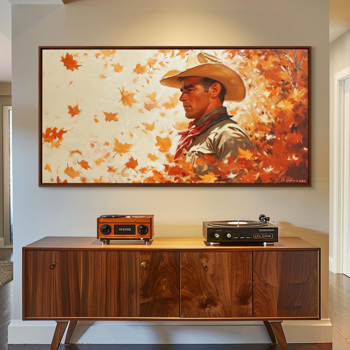 Vintage Cowboy Portrait Surrounded By Falling Autumn Leaves Print - Image 5