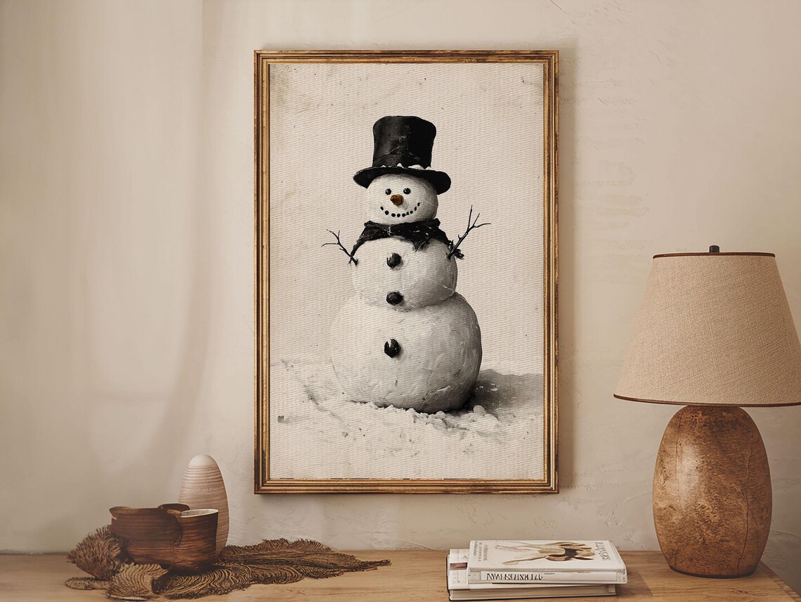 Vintage Snowman With Top Hat Painting Rustic Winter Holiday Poster - Image 6