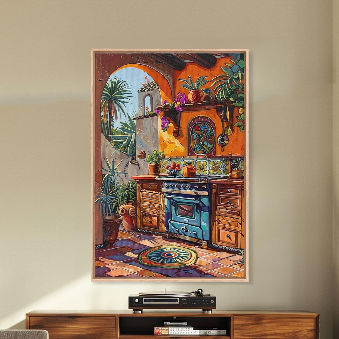 Spanish Outdoor Kitchen Blue Stove Terracotta Tiles Plants Art Print