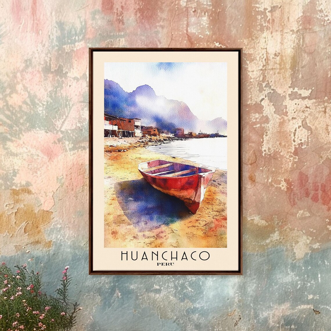 Huanchaco Peru Red Fishing Boat Sandy Shore Mountain Backdrop Poster - Image 4