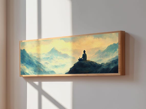 Buddha Meditating On The Mountain Framed Print Zen Wall Art Meditation Room Decor Yoga Studio Decor Panoramic Buddha Painting