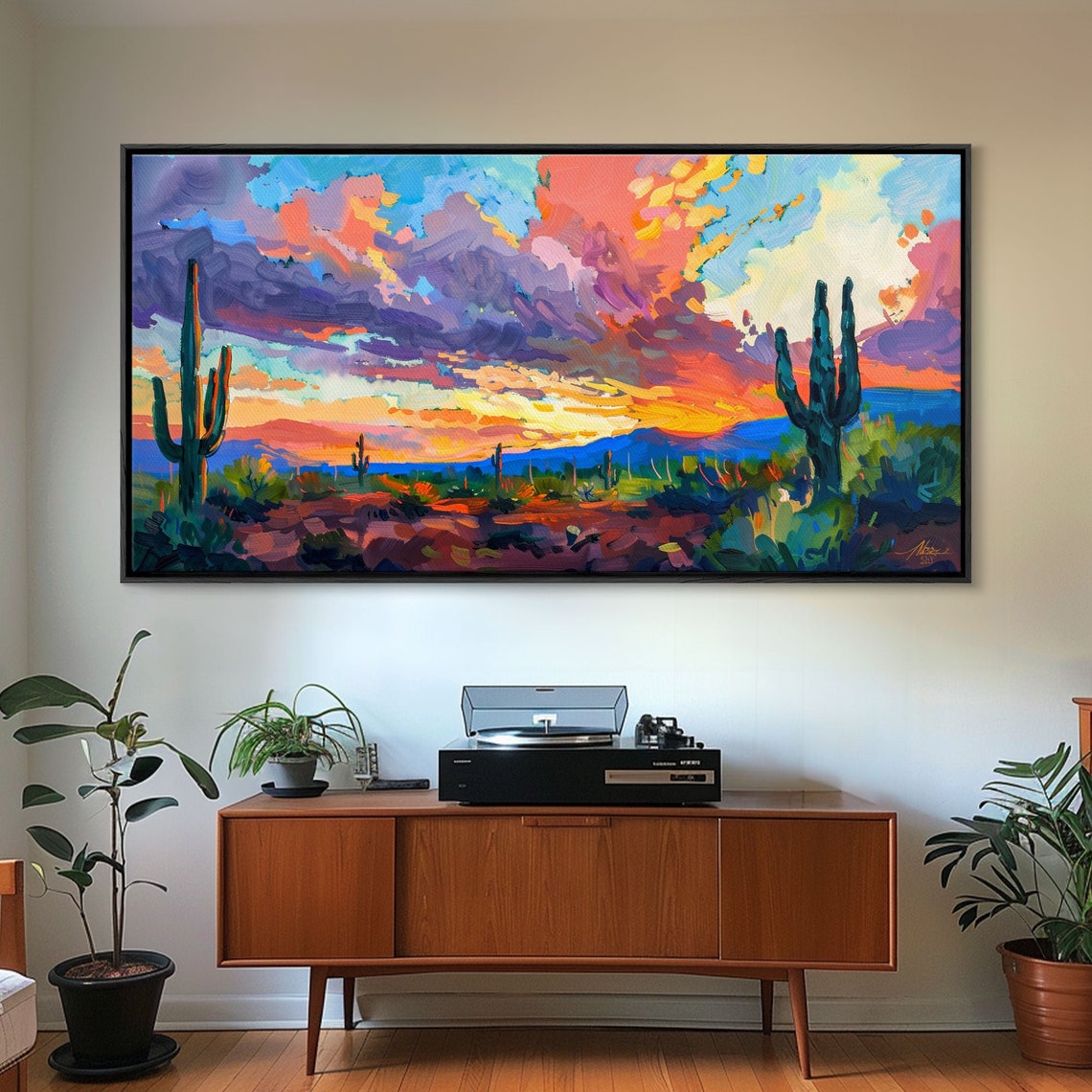 Vibrant Desert Sunset Saguaro Cacti Dramatic Cloud Sky Art Poster