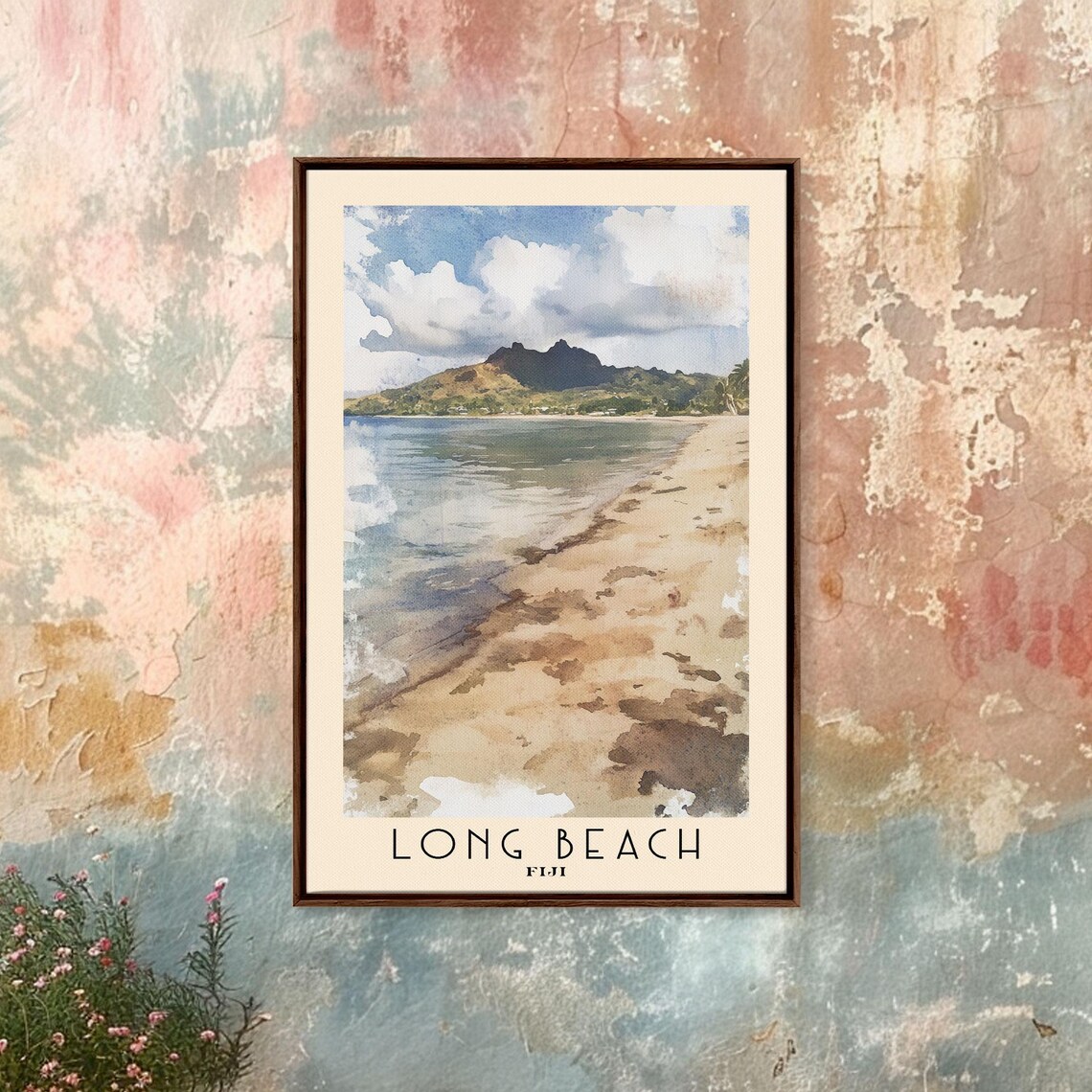 Long Beach Fiji Sandy Shore Calm Sea Mountain View Watercolor Poster - Image 4