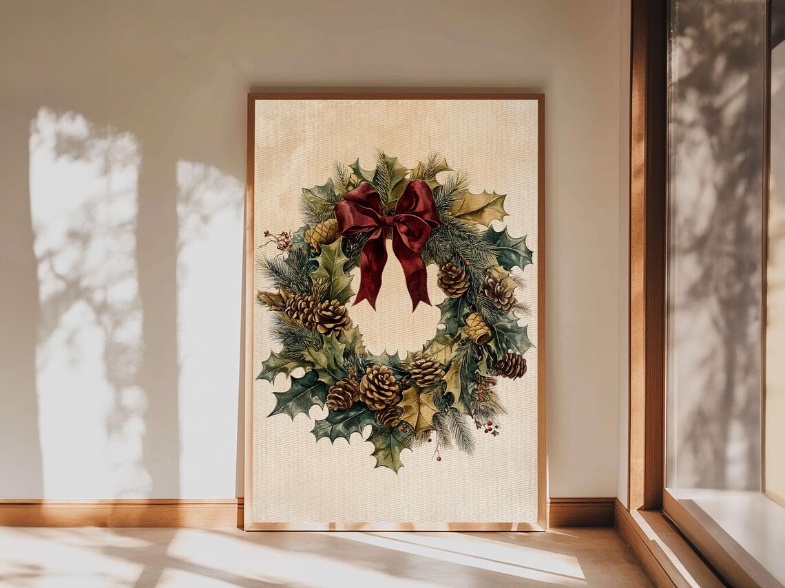 Vintage Christmas Wreath Pinecones Red Bow Classic Holiday Art Poster - Image 4