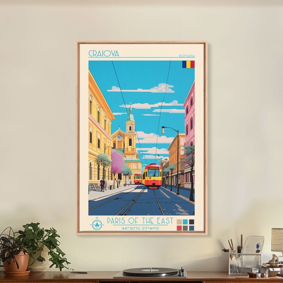 Craiova Romania Travel Poster Framed Print Midcentury Modern Art Pop Art Wall Decor Home Decor Vacation Gift Living Room Art