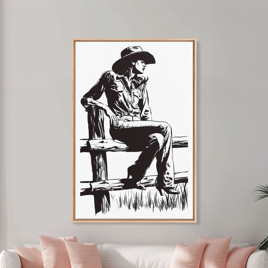 Cowgirl Fence Black White Silhouette Line Art Western Style Wall Print - Image 4