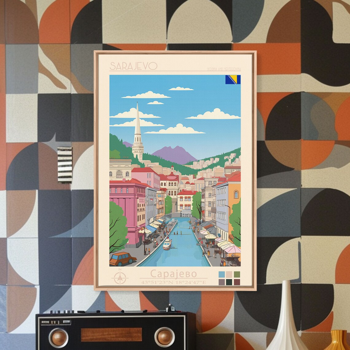 Sarajevo Bosnia Riverfront Old Town Market Street View Travel Poster - Image 4