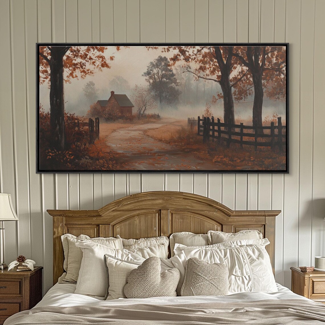Misty Autumn Farm Road Leading To Red Barn Foggy Morning Art Poster - Image 6