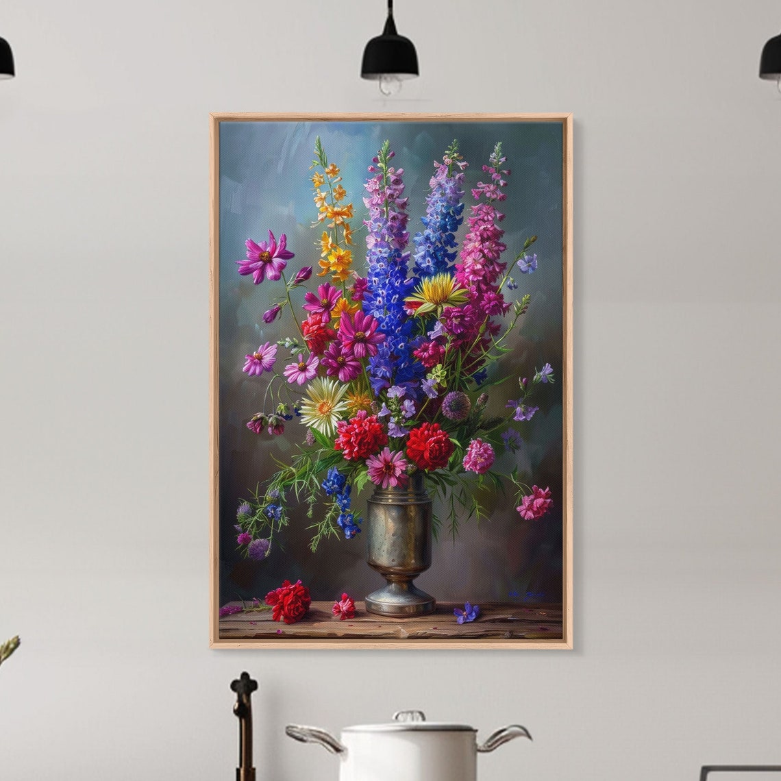 Dramatic Floral Bouquet Cosmos Delphinium Dark Background Art Poster - Image 5