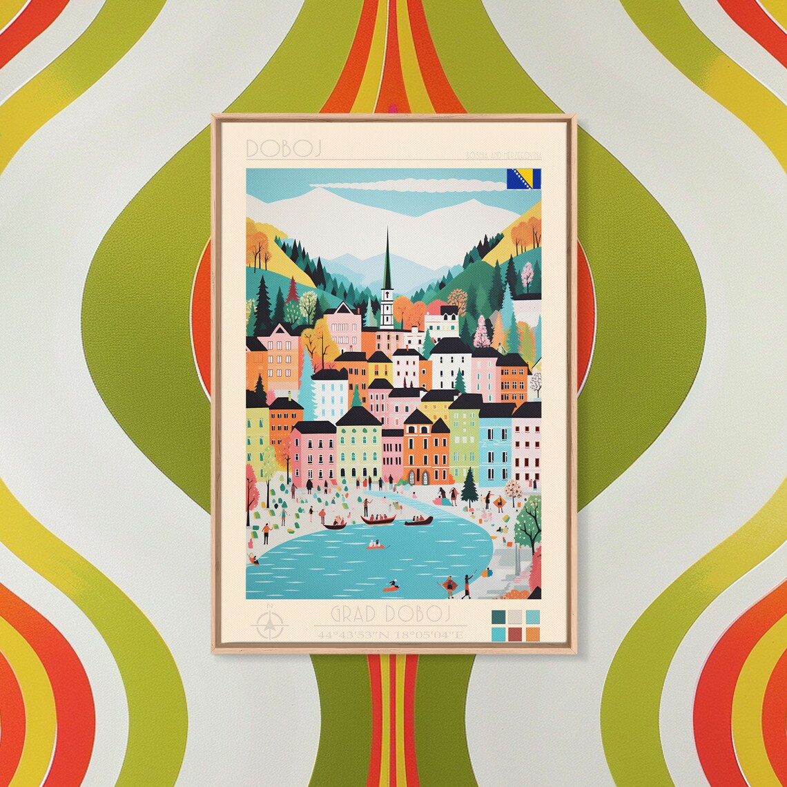 Doboj Bosnia Alpine River Boats Church Spire Mountain View Poster - Image 4