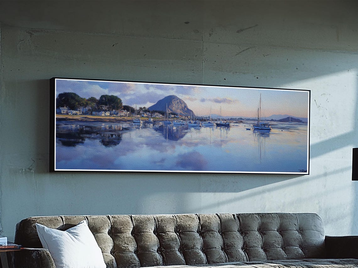 Morro Bay California Harbor Sunset Panoramic Coastal Painting Poster - Image 3