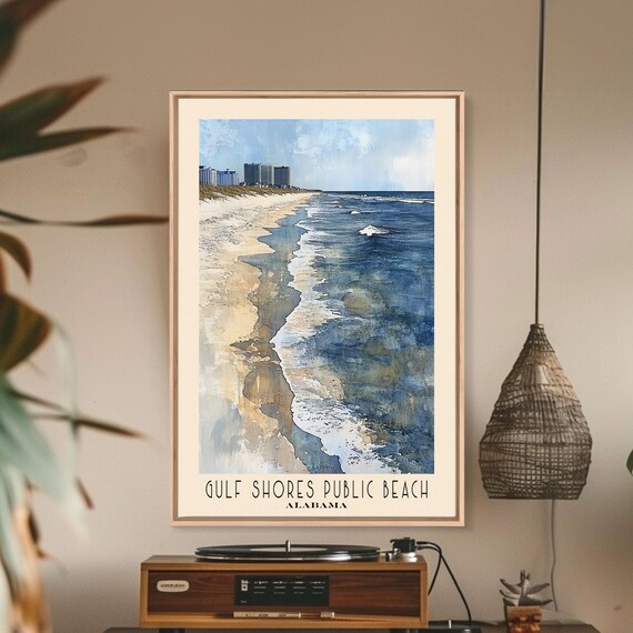 Gulf Shores Alabama Public Beach Watercolor Shoreline Surf Travel Poster