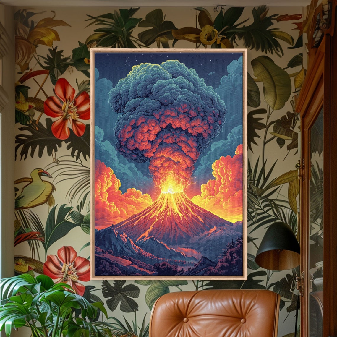Volcanic Eruption Night Poster with Glowing Lava and Ash Cloud Art - Image 3