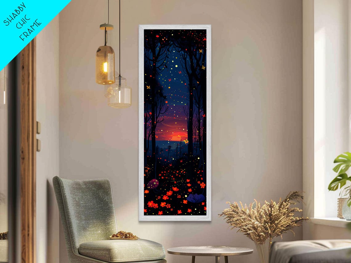 Starry Night Forest With Glowing Fireflies And Red Blooms Art Poster - Image 5