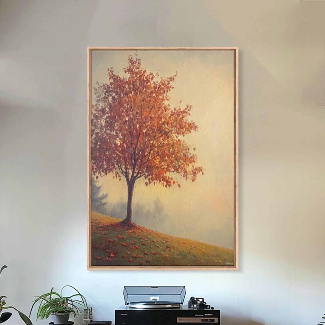 Solitary Fall Tree Orange Leaves Misty Hillside Serene Autumn Wall Art - Image 4