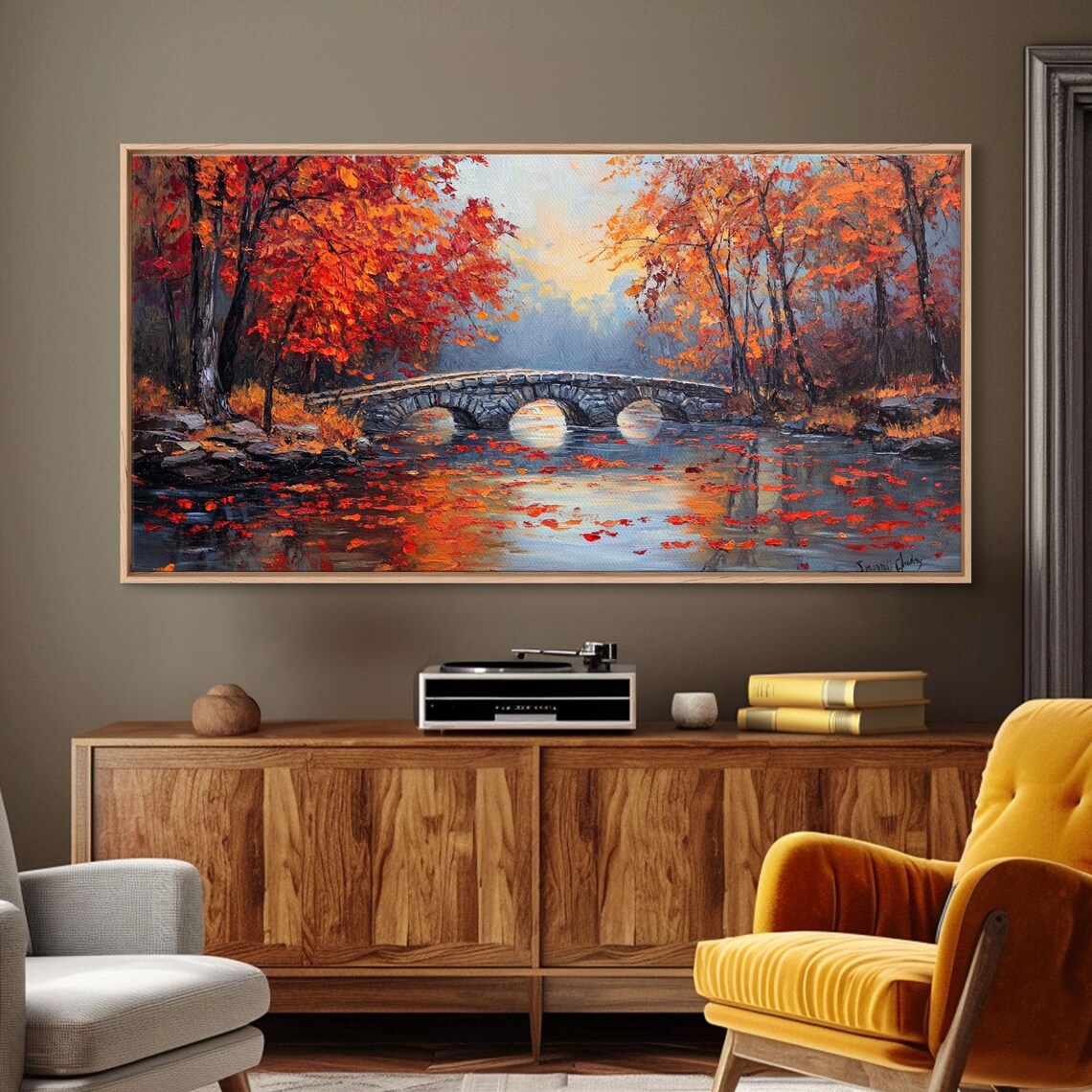 Autumn River Stone Bridge Triple Arch Red Trees Impasto Wall Art - Image 6