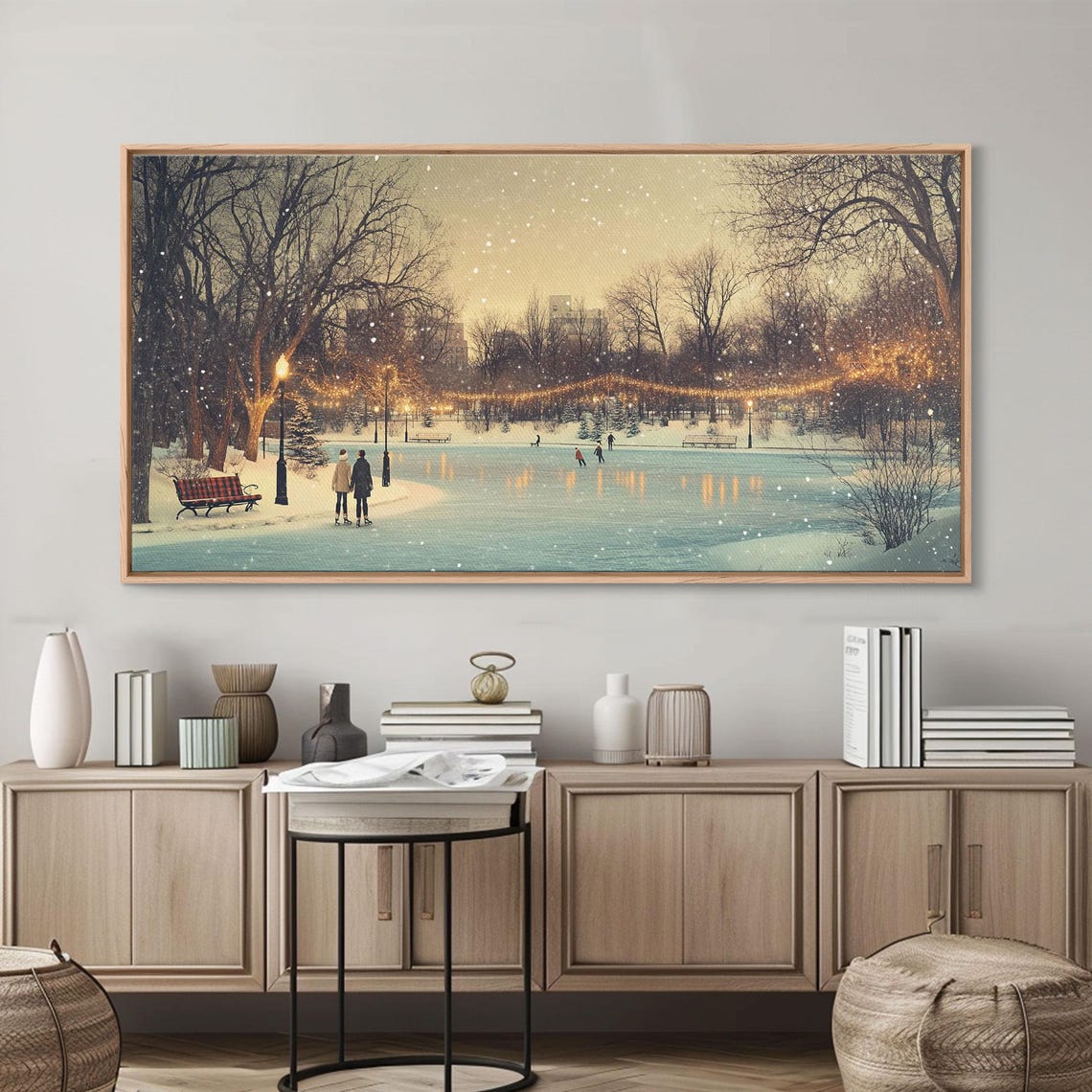 Winter Ice Skating Park Scene With Glowing String Lights Art Print - Image 5