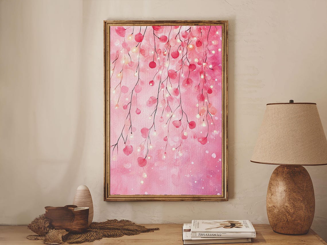 Cherry Blossom Lights Pink Bokeh Hanging Branches Art Wall Poster - Image 3