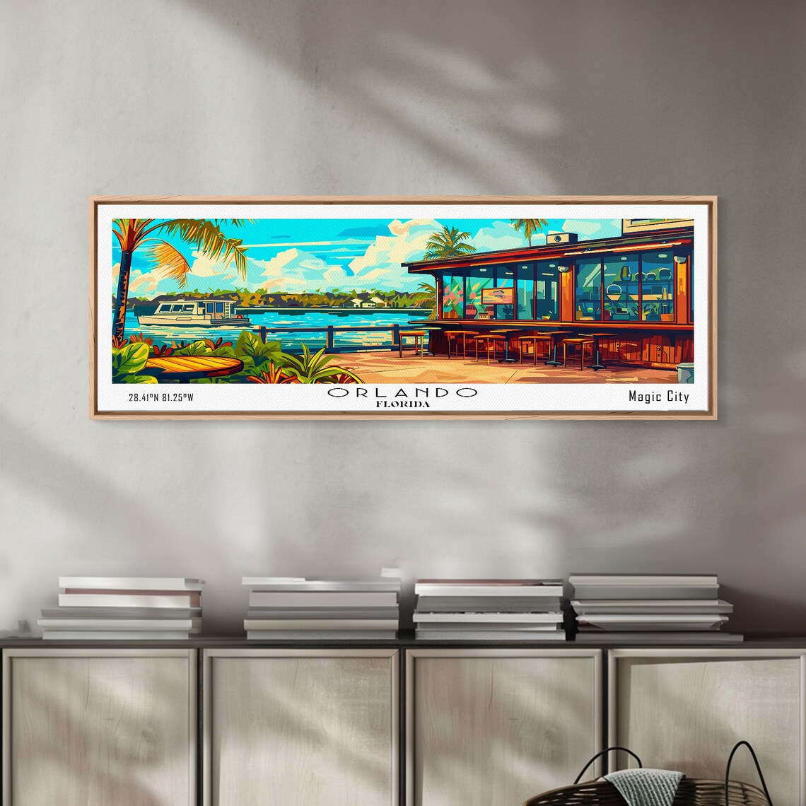 Orlando Florida Lakeside Bar Palm Trees Boat Sunset View Travel Poster