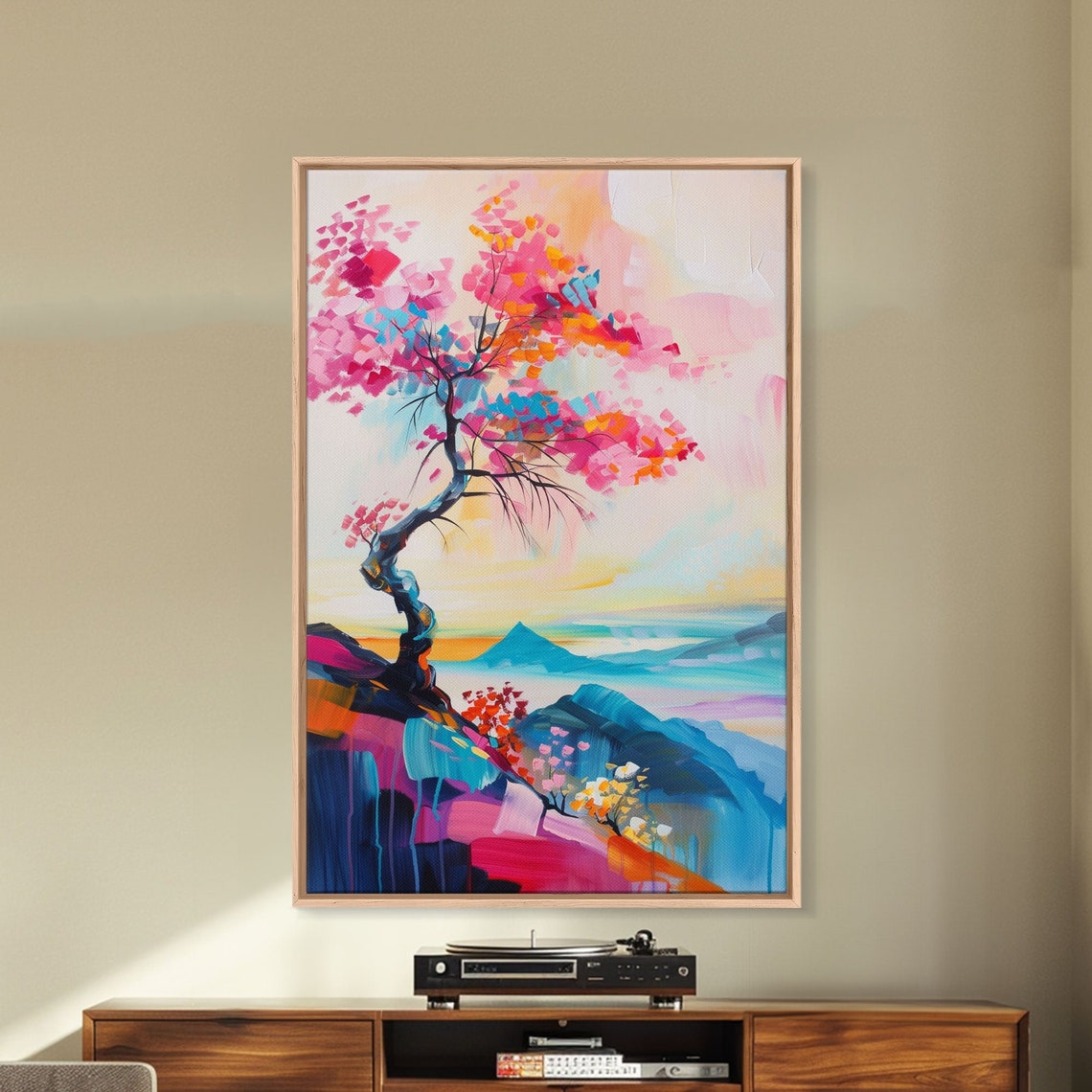 Colorful Tree On A Cliff Framed Print Vibrant Wall Art Living Room Decor Modern Nature Artwork Bold Tree Art Bedroom Decor - Image 2