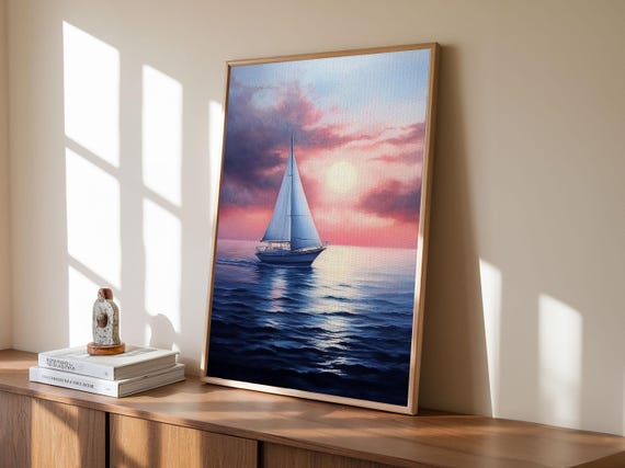 Vaporwave Sail Boat At Sunset Framed Print Retro Sail Boat Painting Nuevart