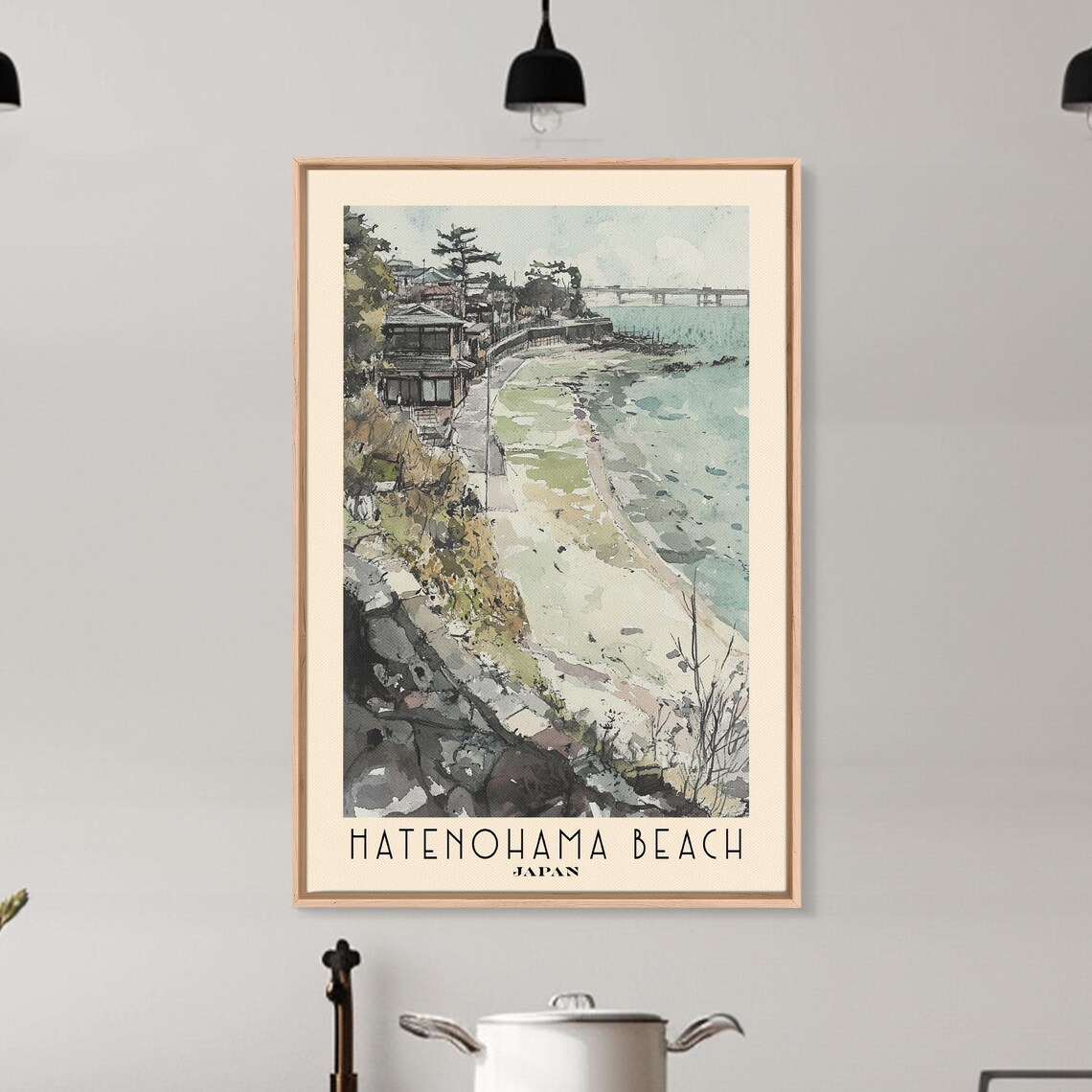 Hatenohama Beach Japan Ink Wash Coastal Town Watercolor Travel Poster - Image 6