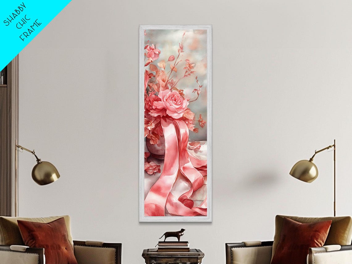 Pink Roses Bouquet Flowing Ribbons Romantic Watercolor Poster - Image 2