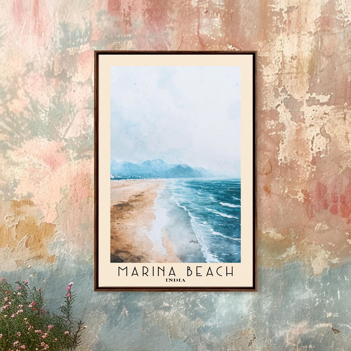 Marina Beach India Long Sandy Shore Rolling Waves Watercolor Poster